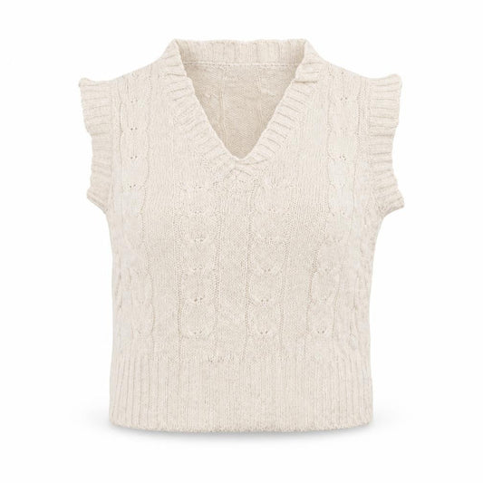 Front view of Vanessa Alexandra women’s beige v-neck acrylic vest jumper, size S