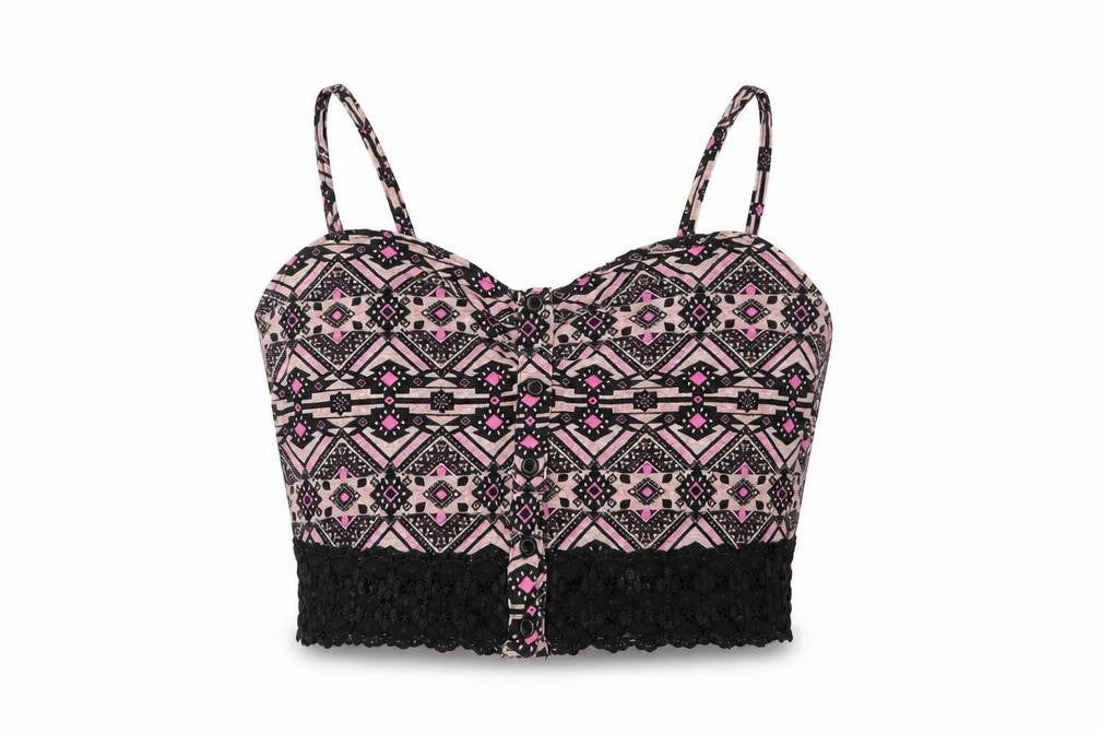 Front view of New Look women’s pink geometric cotton cropped tank, size UK 12, v-neck - lace detail