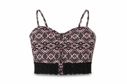 Front view of New Look women’s pink geometric cotton cropped tank, size UK 12, v-neck - lace detail
