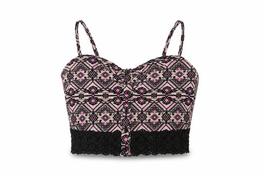 Front view of New Look women’s pink geometric cotton cropped tank, size UK 12, v-neck - lace detail