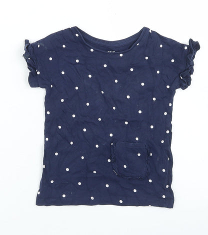 F&F Girls Blue Polka Dot Cotton Basic T-Shirt Size 2-3 Years Crew Neck