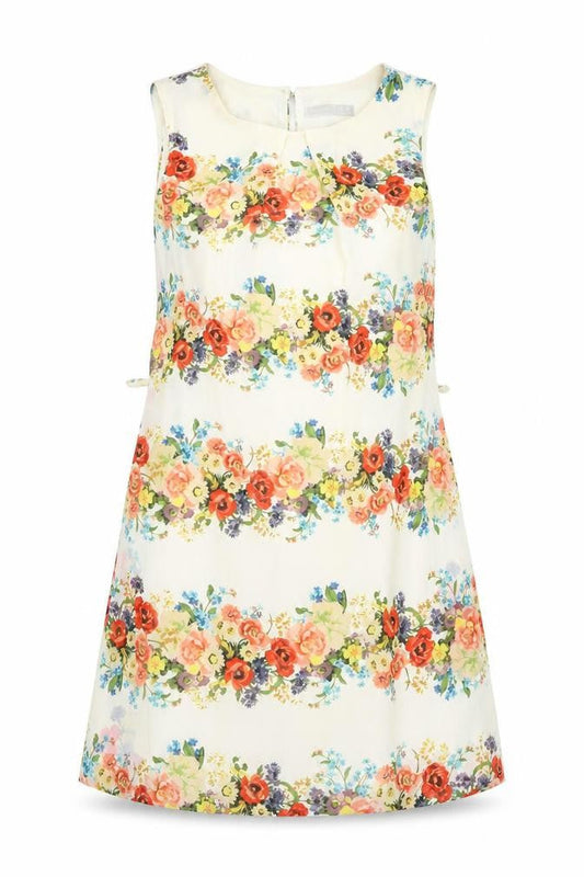 Front view of Atmosphere women’s beige floral polyester a-line, size UK 8, round neck button
