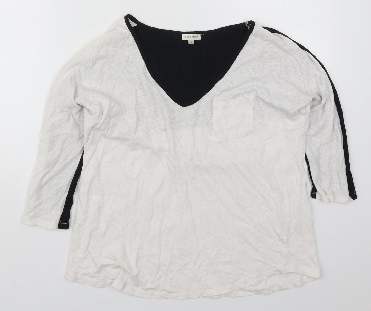 River Island Womens White Colourblock Cotton Basic T-Shirt Size 10 V-Neck - Black and White
