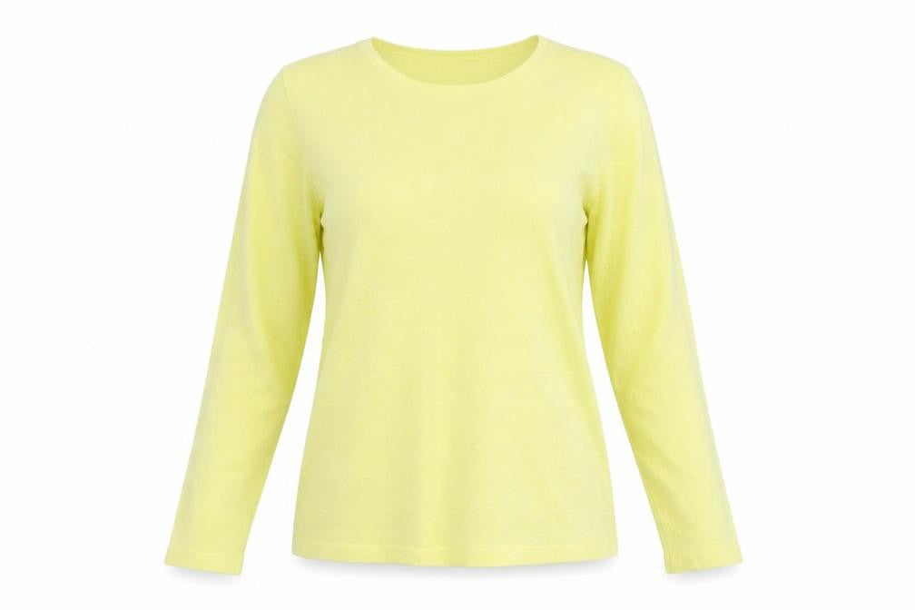 Front view of Lakeland women’s yellow crew neck viscose jumper, size M