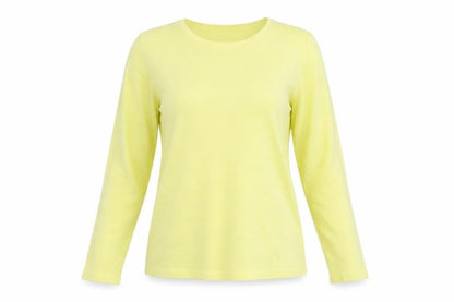 Front view of Lakeland women’s yellow crew neck viscose jumper, size M