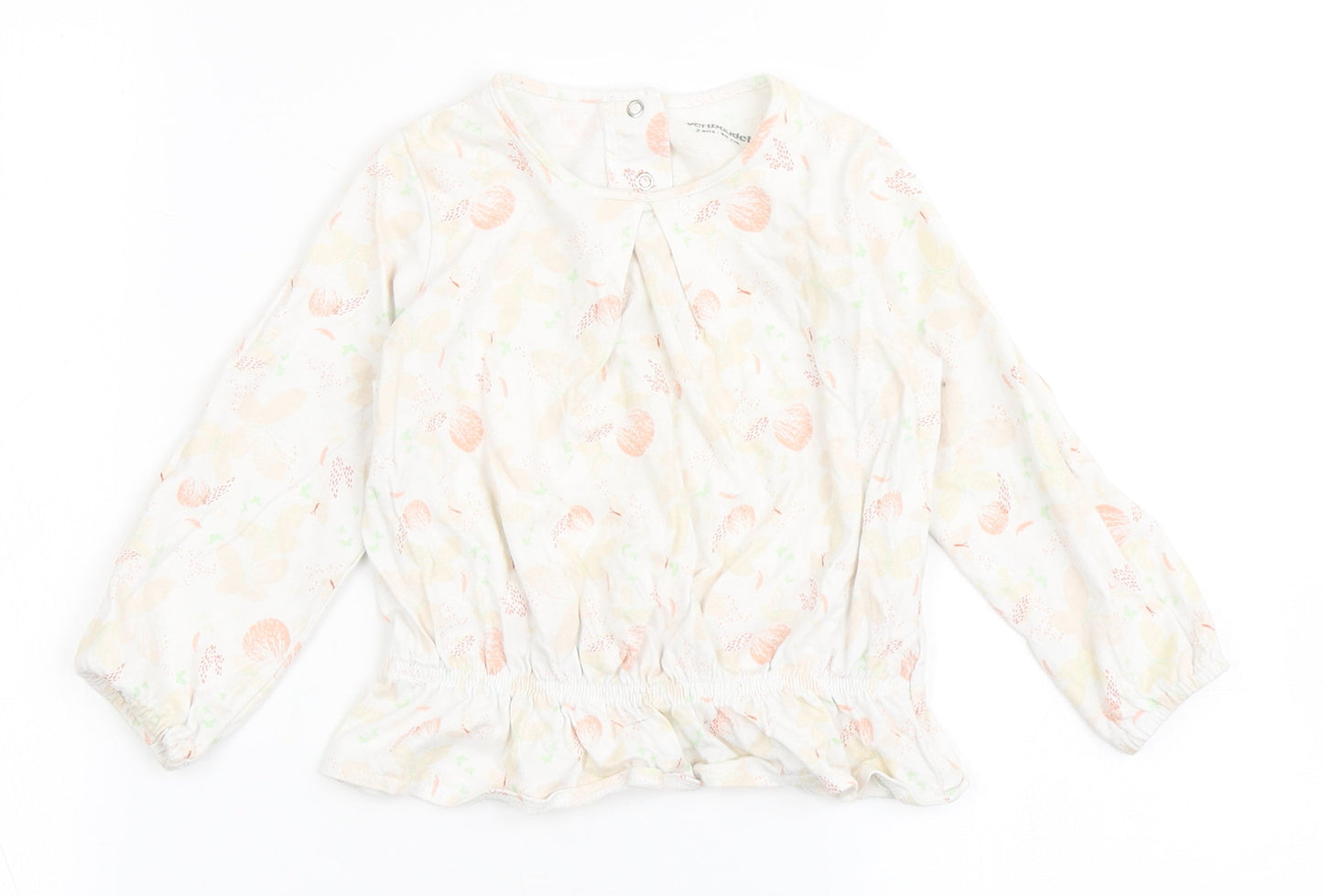 Vertbaudet Girls Ivory  100% Cotton Basic T-Shirt Size 2 Years Round Neck Pullover - Butterfly