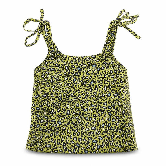 Front view of Clockhouse women’s yellow animal print viscose cropped blouse, size UK 8, round neck