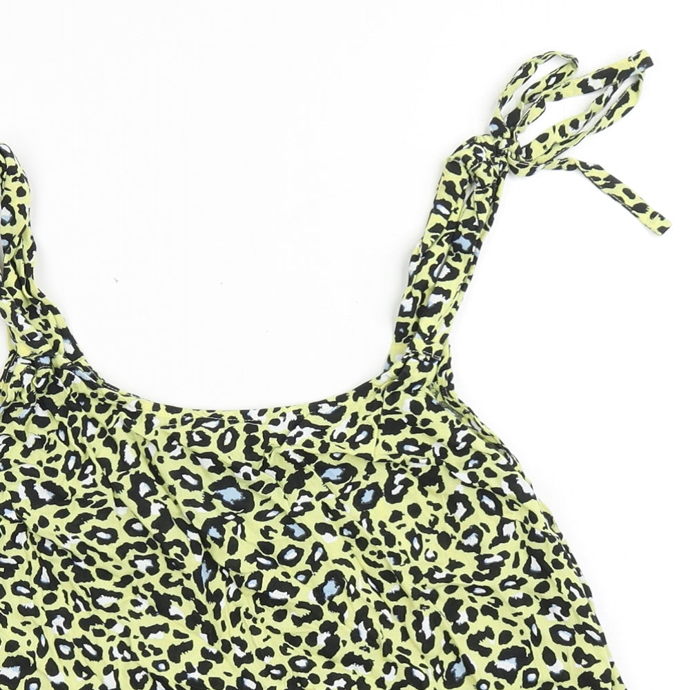 Clockhouse Womens Yellow Animal Print Viscose Cropped Blouse Size 8 Round Neck