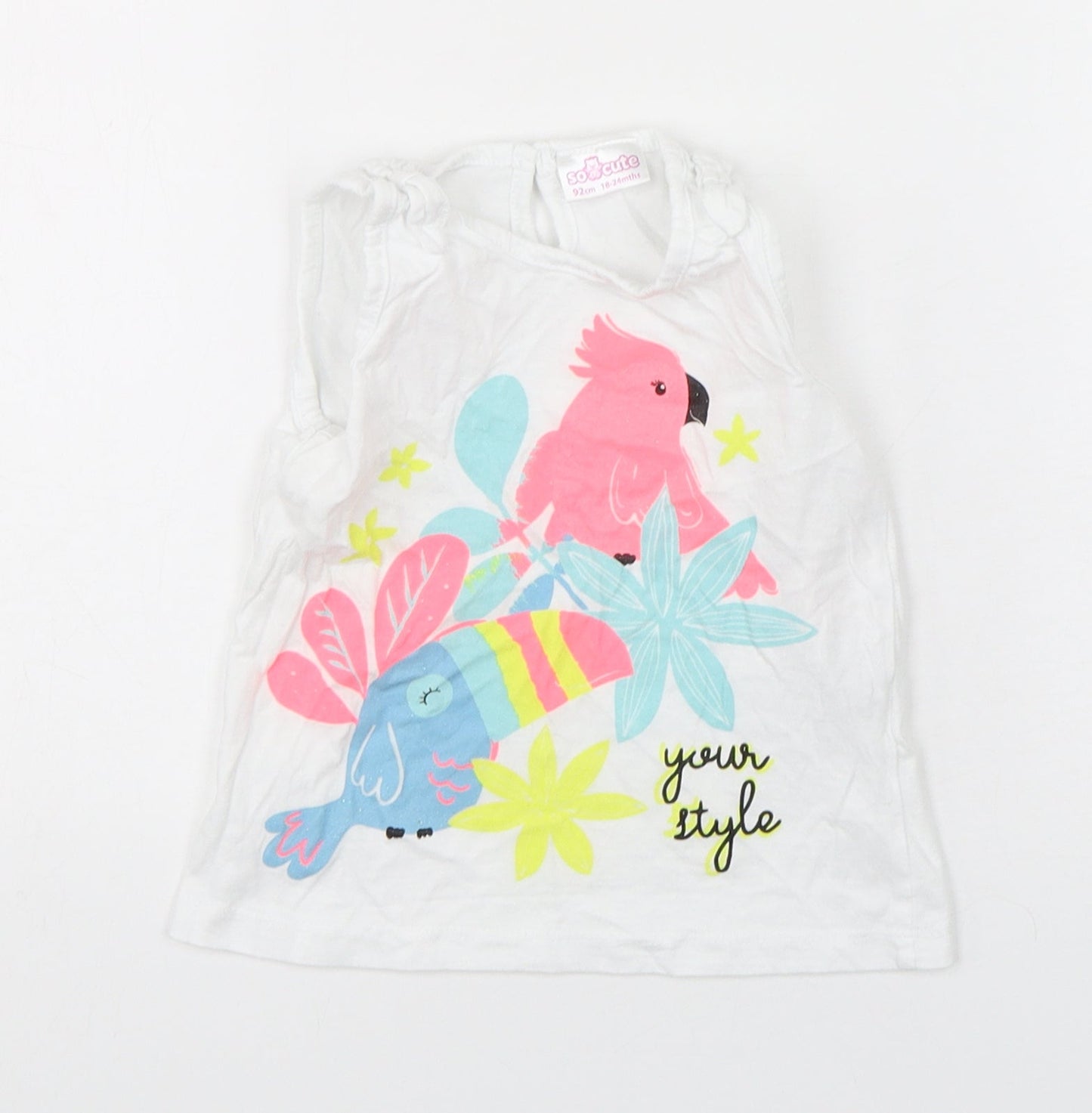 So Cute Girls White Animal Print Cotton Basic Tank Size 18-24 Months Round Neck Pullover - Parrot print