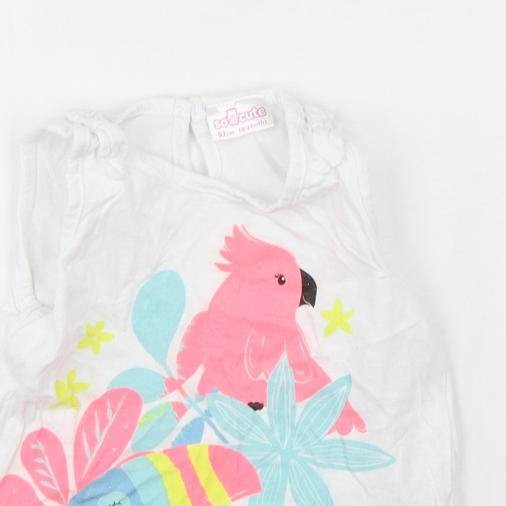 So Cute Girls White Animal Print Cotton Basic Tank Size 18-24 Months Round Neck Pullover - Parrot print