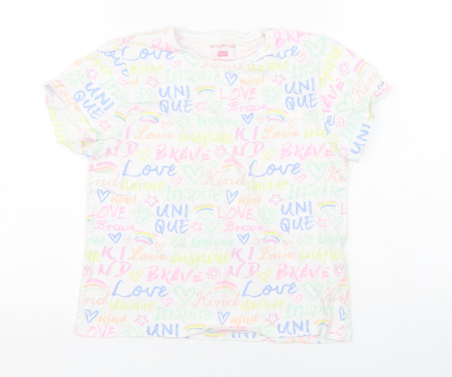 F&F Girls Multicoloured Geometric Cotton Basic T-Shirt Size 9-10 Years Round Neck Pullover