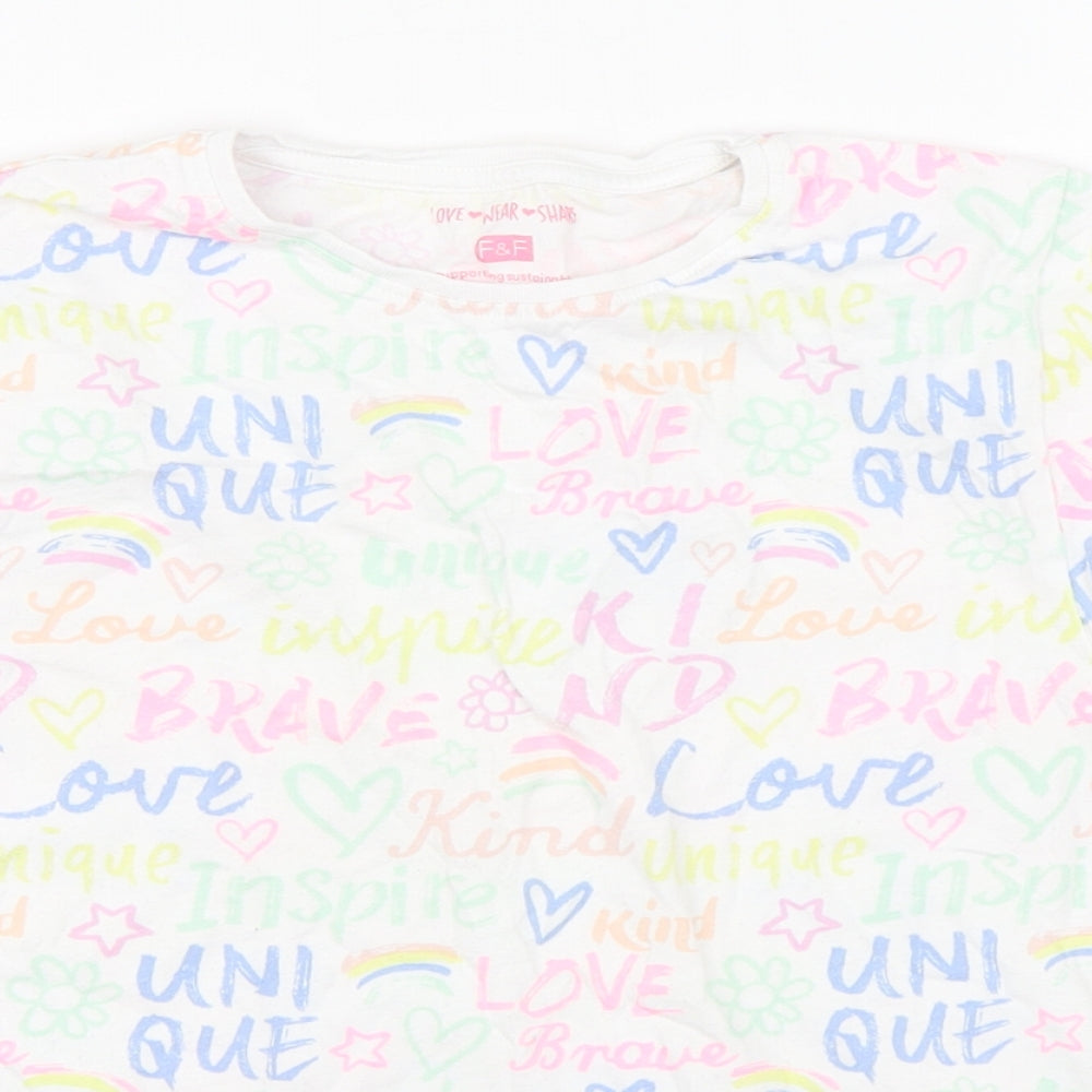 F&F Girls Multicoloured Geometric Cotton Basic T-Shirt Size 9-10 Years Round Neck Pullover