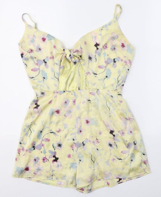 Missguided Womens Yellow Floral Polyester Playsuit One-Piece Size 8 L3 in Zip