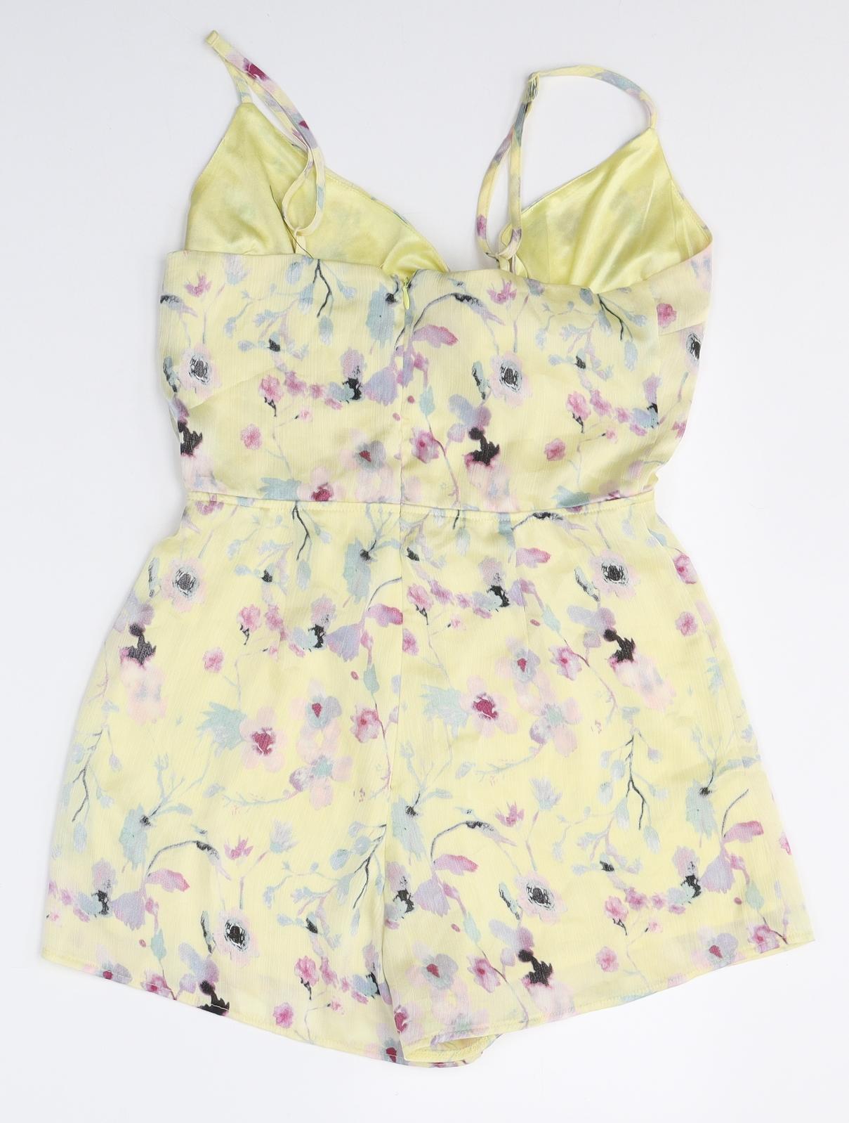Missguided Womens Yellow Floral Polyester Playsuit One-Piece Size 8 L3 in Zip