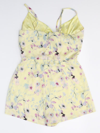 Missguided Womens Yellow Floral Polyester Playsuit One-Piece Size 8 L3 in Zip