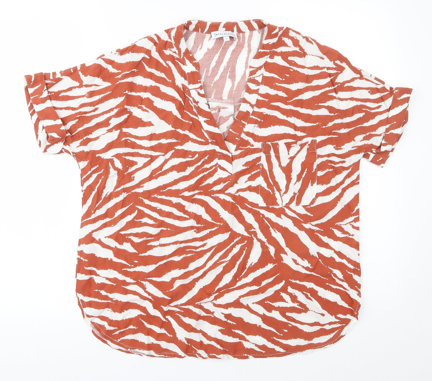 Warehouseo Womens Orange Animal Print Viscose Basic Blouse Size 8 V-Neck