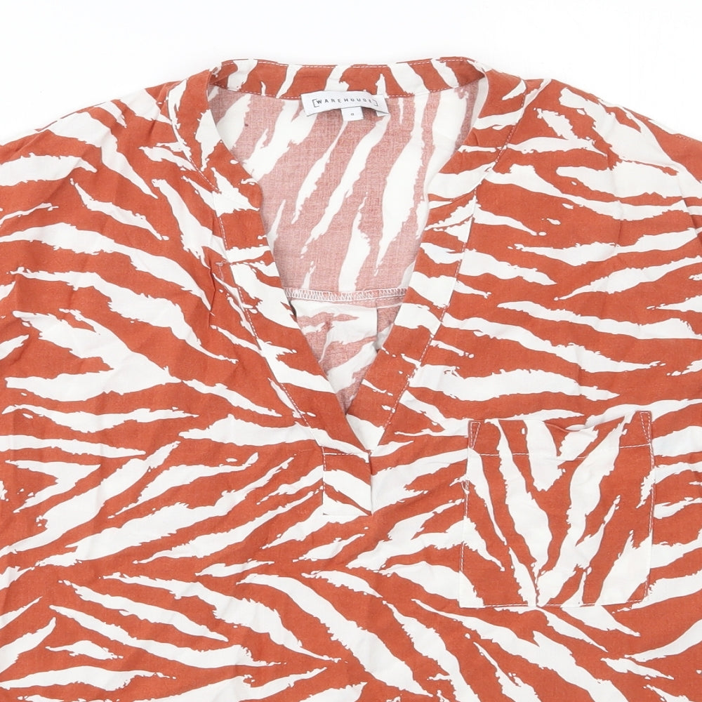 Warehouseo Womens Orange Animal Print Viscose Basic Blouse Size 8 V-Neck