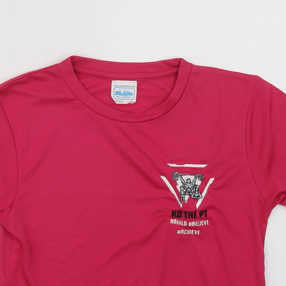 Awdis Girls Pink  Polyester Basic T-Shirt Size 5-6 Years Crew Neck  - Build, Believe, Achieve
