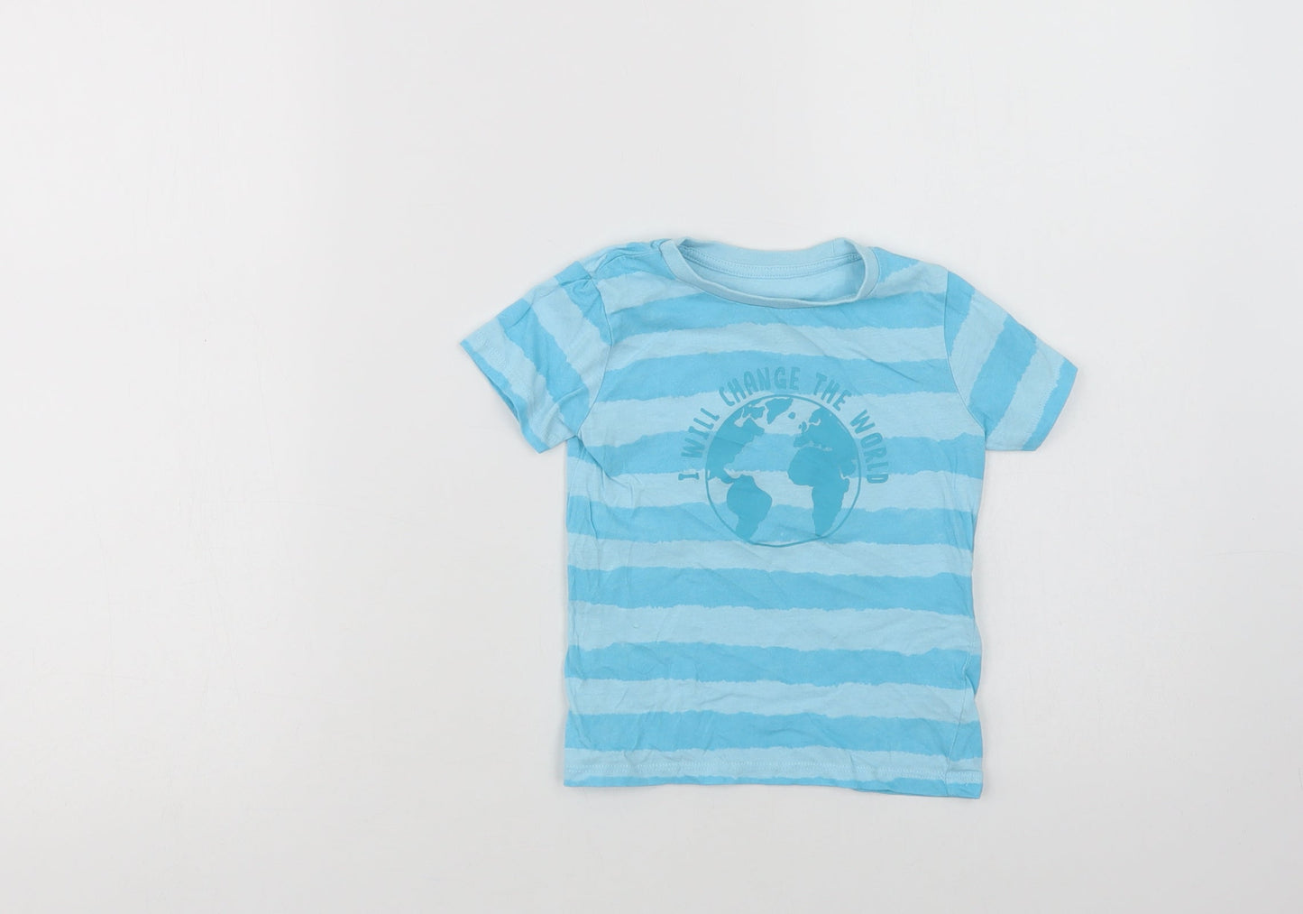Dunnes Stores Baby Blue Striped Cotton Basic T-Shirt Size 18-24 Months Crew Neck  - Change The World
