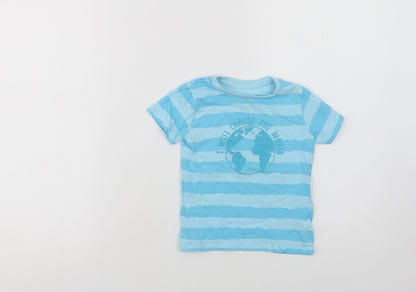 Dunnes Stores Baby Blue Striped Cotton Basic T-Shirt Size 18-24 Months Crew Neck  - Change The World