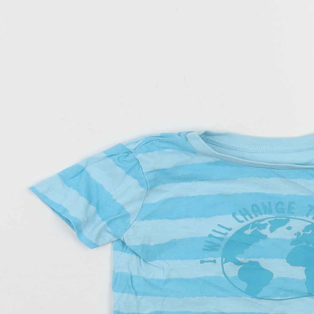 Dunnes Stores Baby Blue Striped Cotton Basic T-Shirt Size 18-24 Months Crew Neck  - Change The World