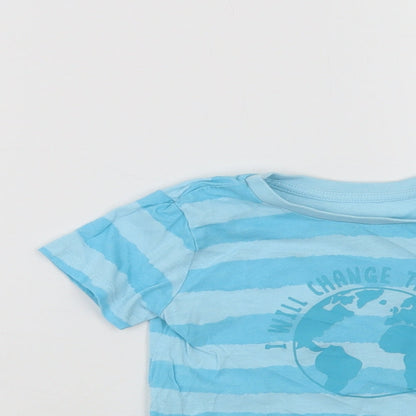 Dunnes Stores Baby Blue Striped Cotton Basic T-Shirt Size 18-24 Months Crew Neck  - Change The World