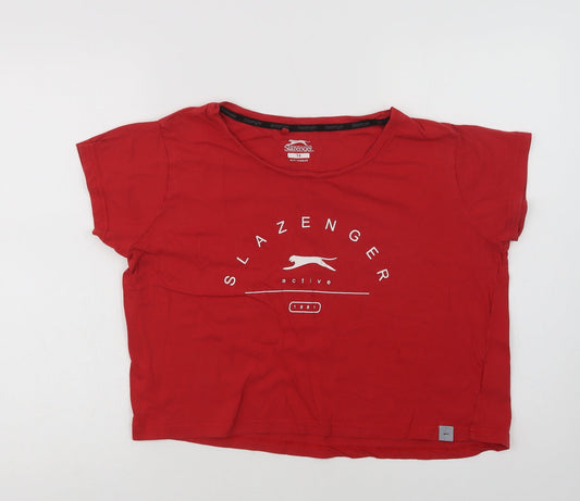 Front view of Slaz women’s red cotton cropped t-shirt, size UK 14, crew neck