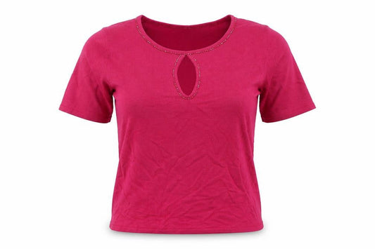 Front view of Country Casuals women’s pink viscose basic t-shirt, size S, round neck