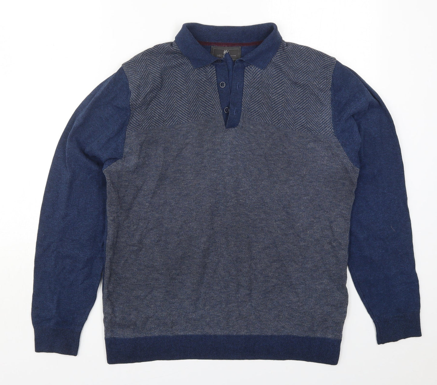 Marks and Spencer Mens Blue Collared Herringbone Cotton Pullover Jumper Size M
