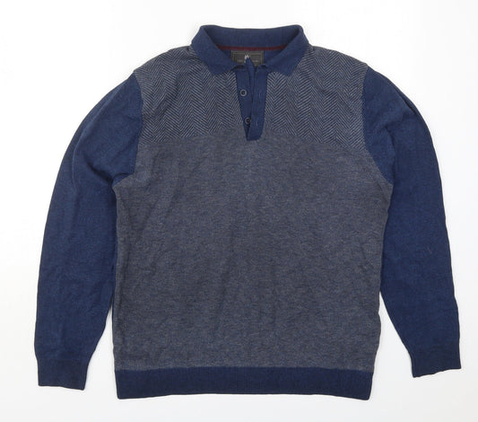 Marks and Spencer Mens Blue Collared Herringbone Cotton Pullover Jumper Size M