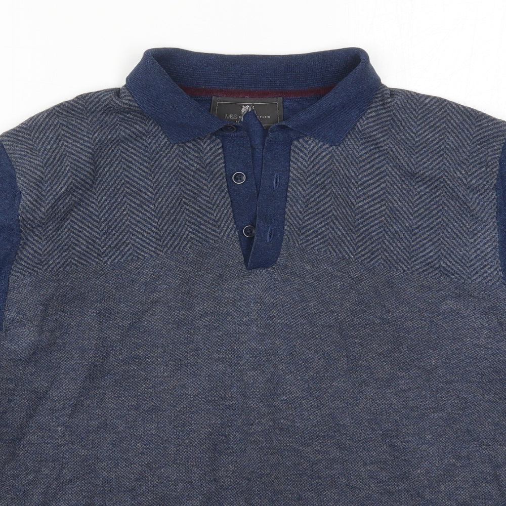 Marks and Spencer Mens Blue Collared Herringbone Cotton Pullover Jumper Size M