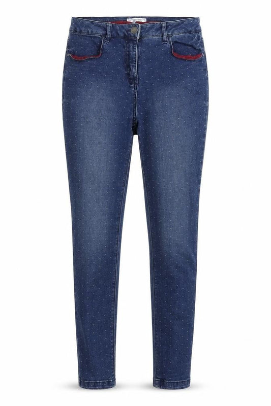 Front view of Matalan women’s blue polka dot cotton skinny jeans, size UK 8, 27.5-inch leg regular button