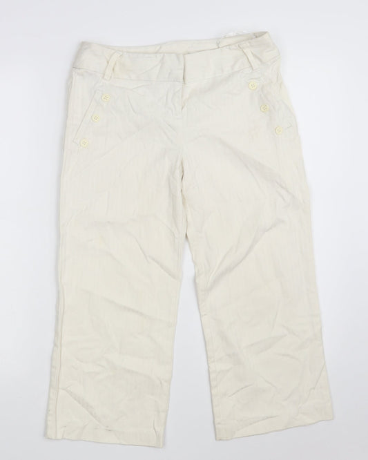 TU Womens White Striped Cotton Cropped Trousers Size 8 L20 in Regular Button