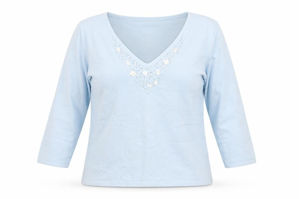 Front view of Definitions women’s blue v-neck ramie jumper, size UK 16