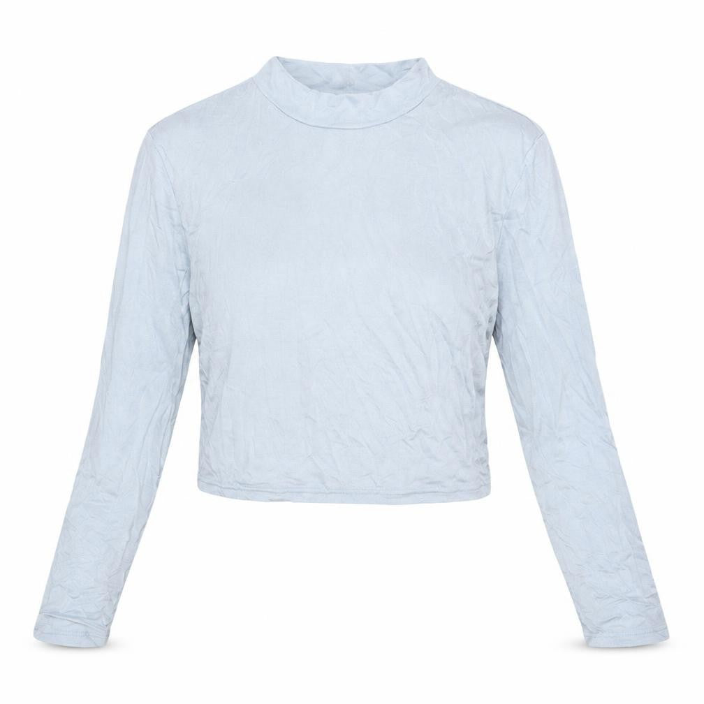 Front view of SHEIN women’s blue cropped t-shirt, size L, round neck