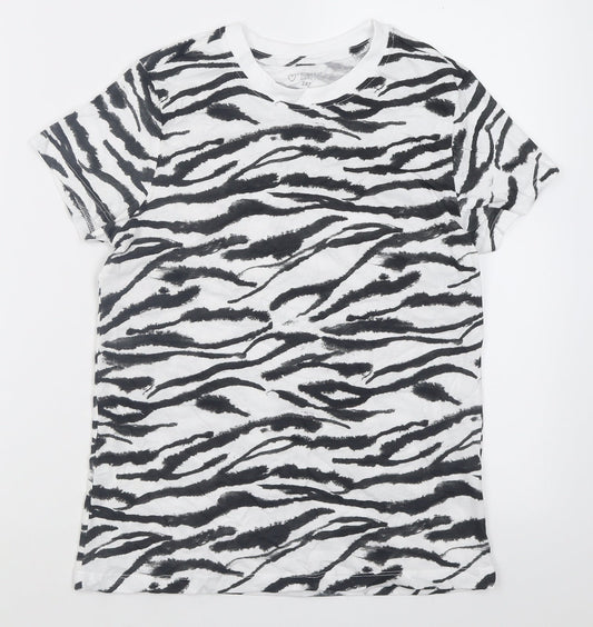 Primark Womens White Animal Print Cotton Basic T-Shirt Size 4 Crew Neck