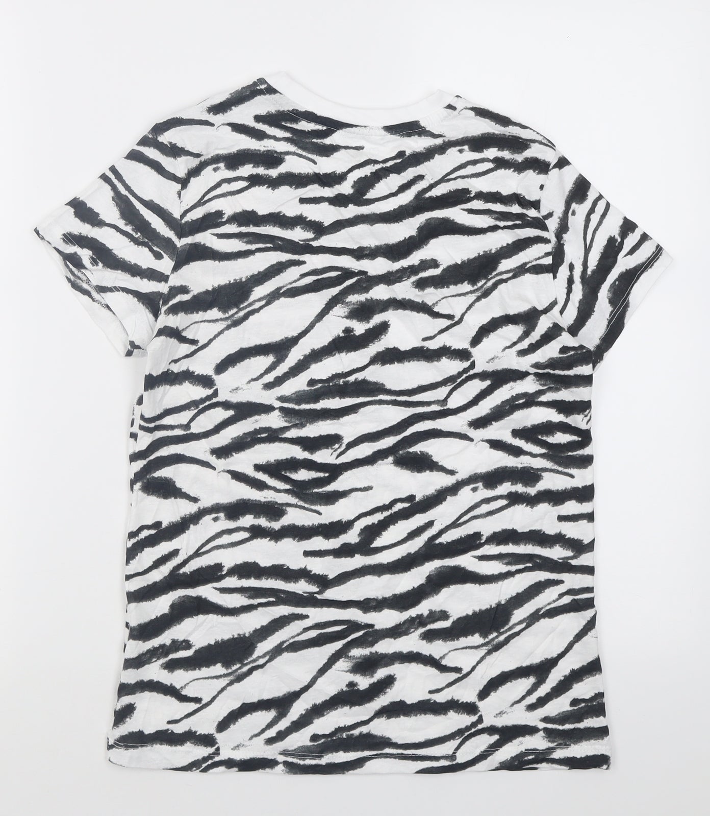 Primark Womens White Animal Print Cotton Basic T-Shirt Size 4 Crew Neck