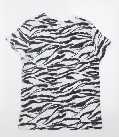 Primark Womens White Animal Print Cotton Basic T-Shirt Size 4 Crew Neck