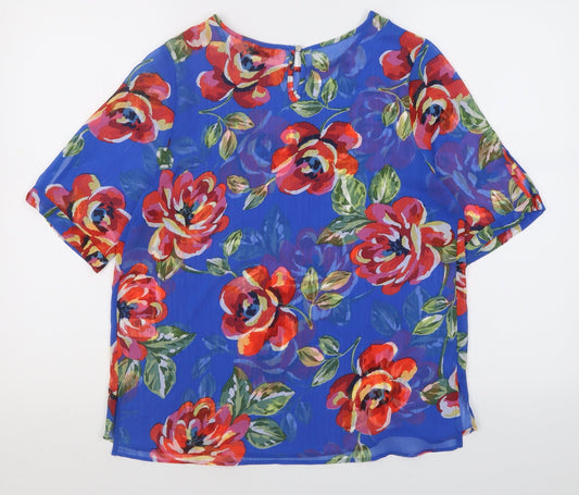 Papaya Womens Blue Floral Polyester Basic Blouse Size 10 Crew Neck