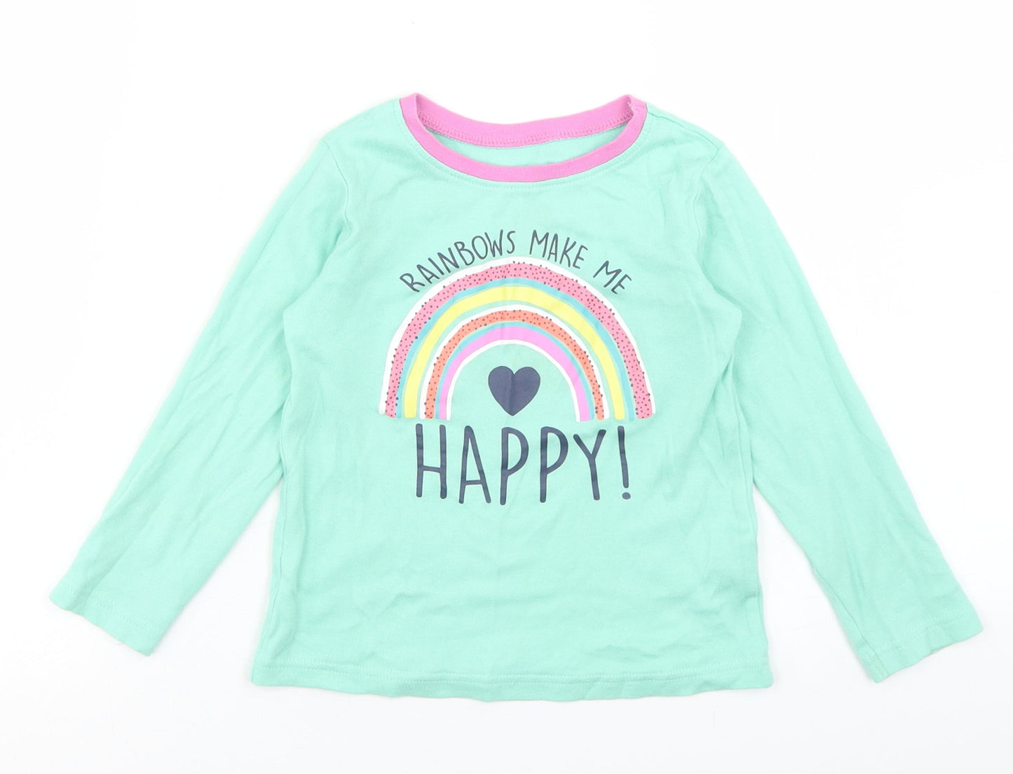 Dunnes Stores Girls Green  Cotton Basic T-Shirt Size 2-3 Years Crew Neck  - Rainbow