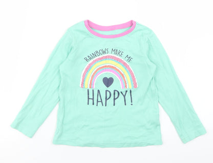 Dunnes Stores Girls Green  Cotton Basic T-Shirt Size 2-3 Years Crew Neck  - Rainbow