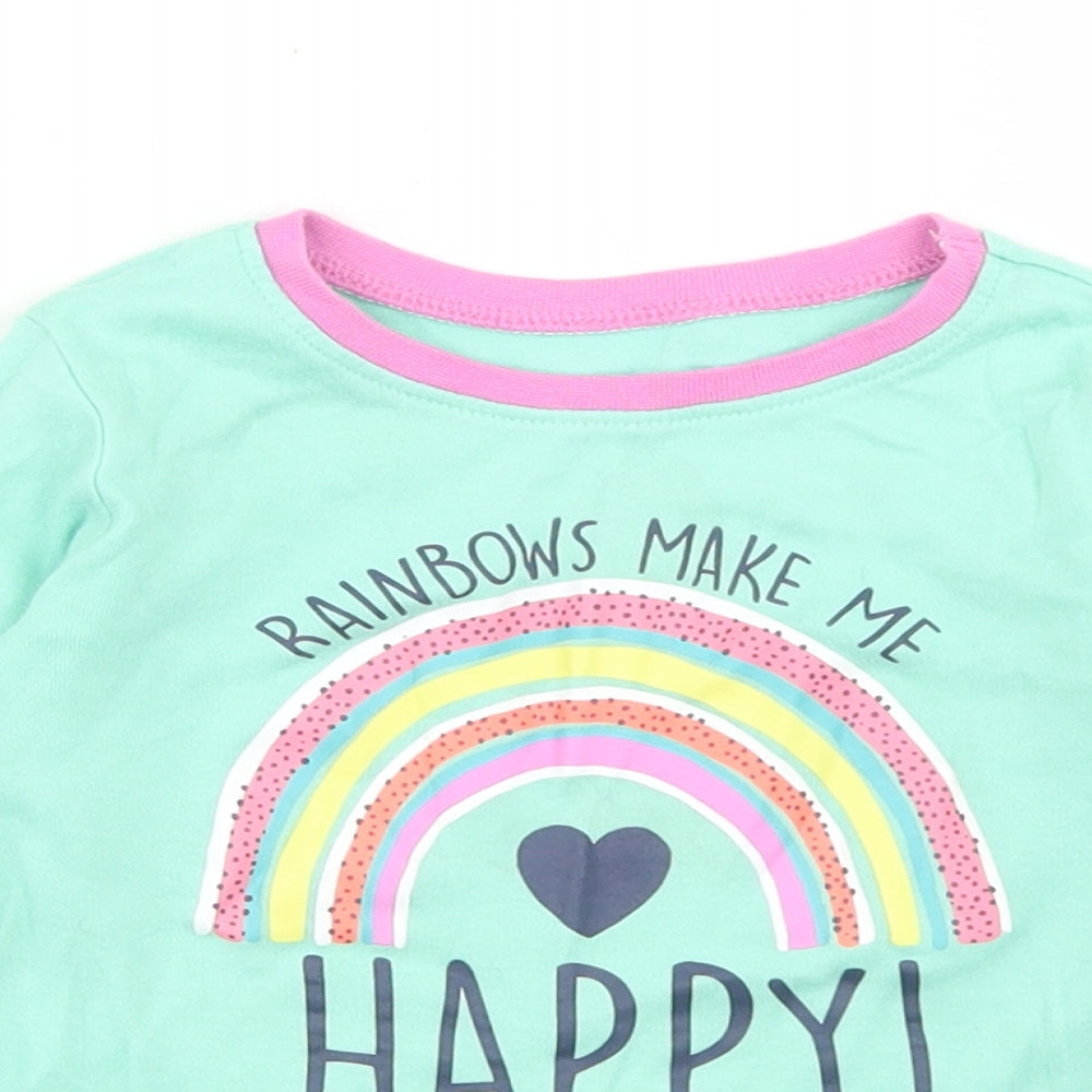 Dunnes Stores Girls Green  Cotton Basic T-Shirt Size 2-3 Years Crew Neck  - Rainbow