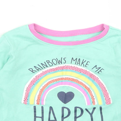 Dunnes Stores Girls Green  Cotton Basic T-Shirt Size 2-3 Years Crew Neck  - Rainbow