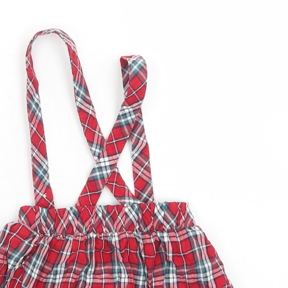 George Girls Red Plaid Cotton Pinafore/Dungaree Dress  Size 12-18 Months  Square Neck Button
