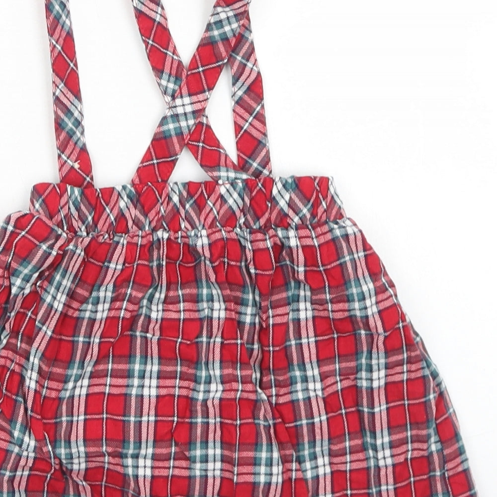 George Girls Red Plaid Cotton Pinafore/Dungaree Dress  Size 12-18 Months  Square Neck Button