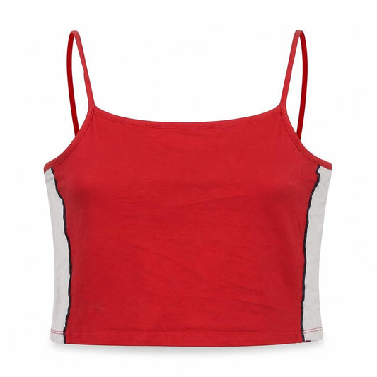 Front view of New Look women’s red colourblock cotton cropped tank, size UK 14, square neck
