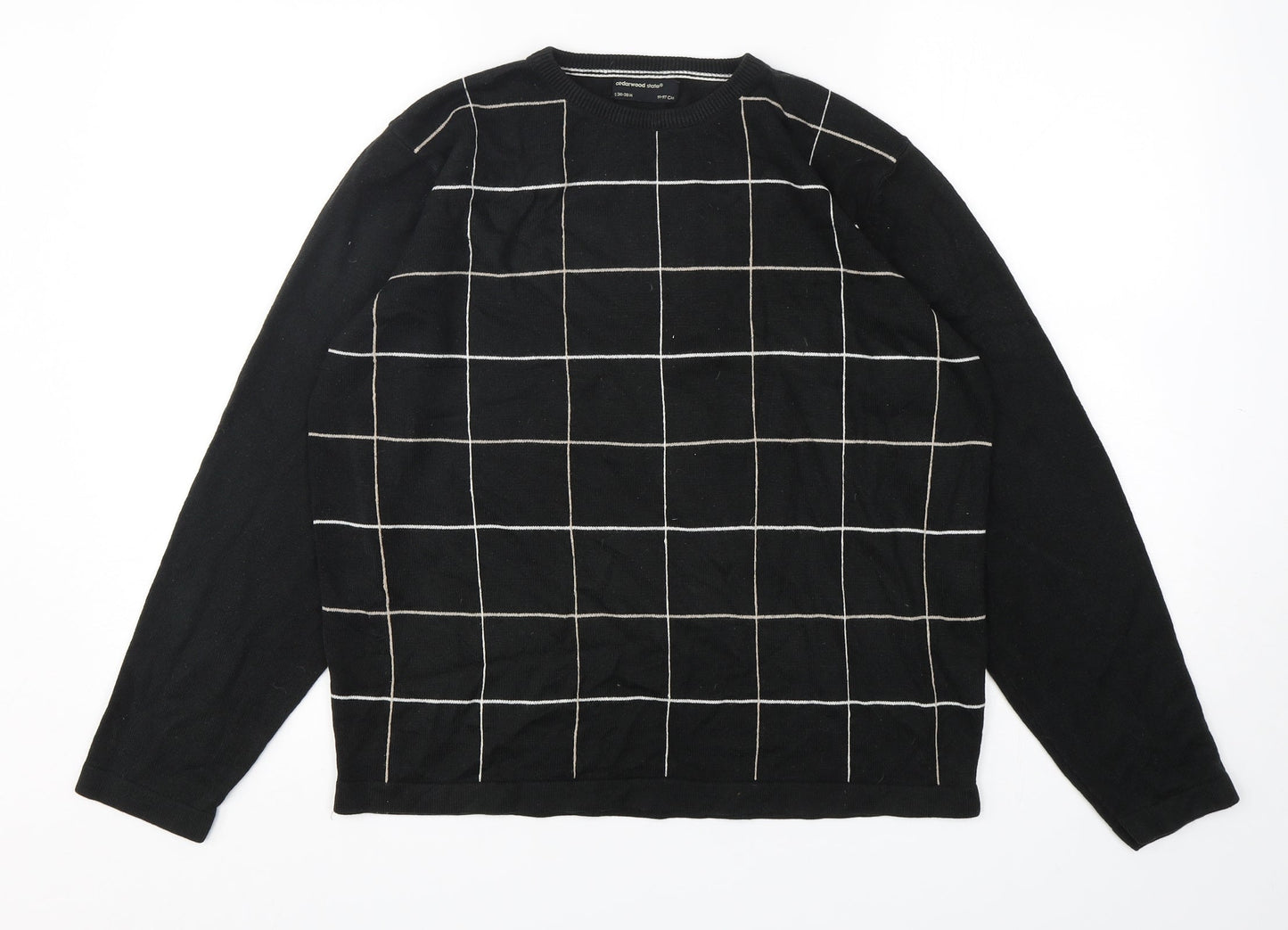 Cedar Wood State Mens Black Round Neck Check Acrylic Pullover Jumper Size S