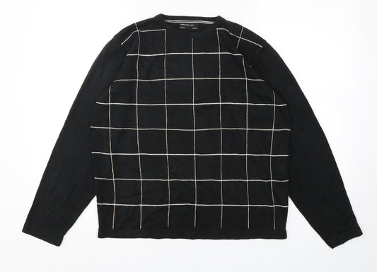 Cedar Wood State Mens Black Round Neck Check Acrylic Pullover Jumper Size S