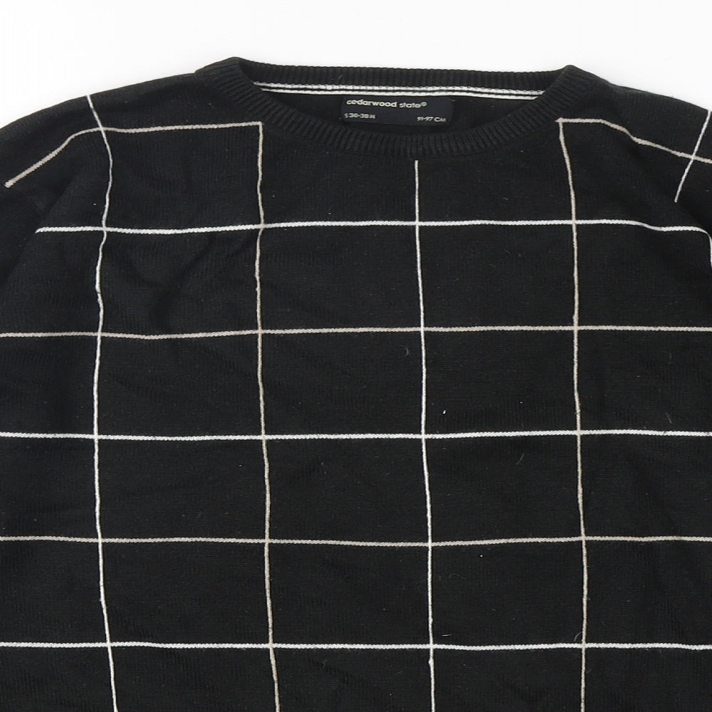 Cedar Wood State Mens Black Round Neck Check Acrylic Pullover Jumper Size S