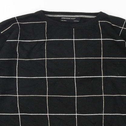 Cedar Wood State Mens Black Round Neck Check Acrylic Pullover Jumper Size S